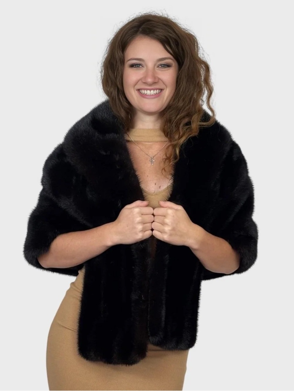 Black Real Fur Shrug Jacket - Women's Coat